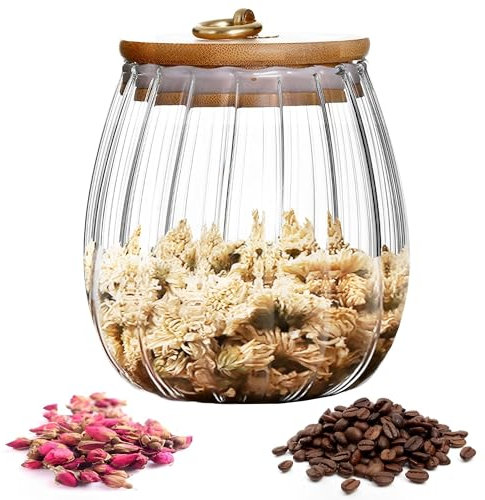 CINY Tarros de Almacenamiento De Vidrio Con Tapas De Bambú, Anillo De Silicona, Latas De Té Selladas, Tarro De Dulces, Para Almacenamiento Especias Azúcar Té Granos De Café Nueces (Redondas 600 ml)