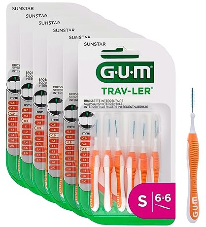 GUM TRAV-LER Interdentalbürsten | für gründliche Reinigung zwischen den Zähnen | flexibler Griff | Zahnreinigung und Plaque Entfernung | 0.9mm, ISO 2 | Größe S | 6x6 Packung