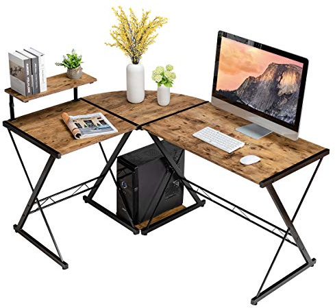 COSTWAY Escritorio de Ordenador en Forma de L, Escritorio Esquina con Soporte Monitor, 2 Formas, Mesa Escritorio 147x112x79cm, Hogar Oficina (Natural)