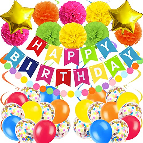 Recosis Mehrfarbig Geburtstagsdeko, Happy Birthday Banner mit Pompoms Papier Girlande Wimpel Spiral und Luftballon Kindergeburtstag für Mädchen Junge Mann Frauen Geburtstags Dekorationen