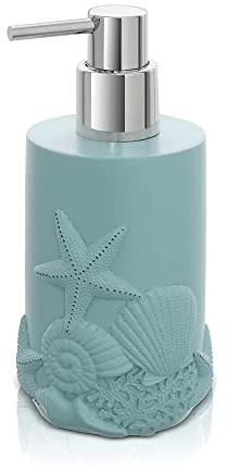 Dispenser Sapone Liquido Acquamarina 470 ml in Resina, con dosatore Cromato e Intagli a decori Marino, Linea Coral
