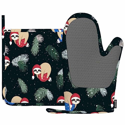 Mxocom Funny Sloth Oven Mitts and Pot Holders Sets Fir Branches Snow Christmas Ball Silicone Heat Resistant Kitchen Oven Gloves Pot Holder for Cooking