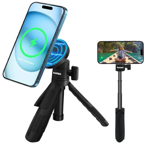 HAFOKO Magnetisch Selfie-Stick Stativ Mit 1/4 Magnetisch Kabelloses Laden Halterung Erweiterbar Mini Desktop Smartphone Kompatibel Für iPhone 16/1514/13/12 Pro Max Alle Telefone