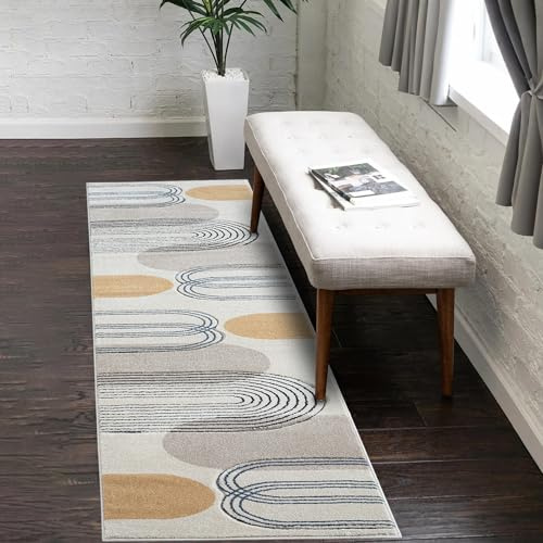 payé Teppich Läufer Kurzflor Beige - 80x150cm - Boho Geometrisch Modern Skandinavisch Wohnteppich Schlafzimmer