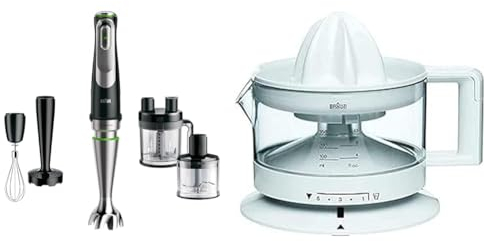 Braun Hogar Minipimer MQ 9187XLI Batidora de Mano, 1200W, vaso medidor & TributeCollection CJ3000 WH - Exprimidor Eléctrico, 20 w, 350ml, Cantidad de Pulpa Ajustable