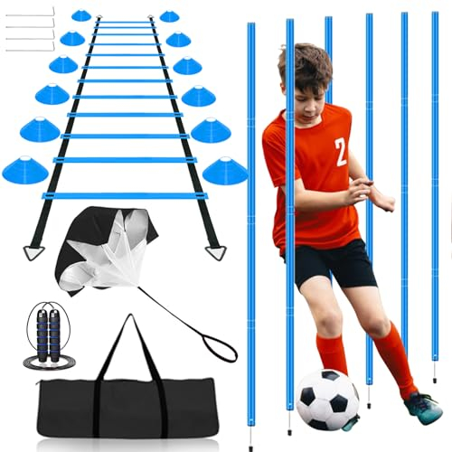 Agility Ladder Speed Training Equipment Set-20ft Agility Ladder, 6 Agility Poles, 12 Soccer Cones, Running Parachute, Jump Rope| Basketball Football Soccer Training Equipment for Kids Youth Adults
