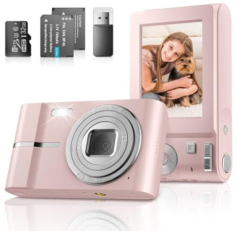 Biebuxo Digital Camera, 50MP 1080P FHD Camera with 2.4 LCD Screen and 32G Card, 16X Zoom, Compact Portable Vlogging Photo Camera Gift for Kids Student Beginner (Pink)
