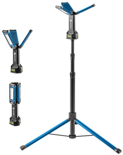 Högert Technik Aluminium Wiederaufladbare Led Baustrahler mit Stativ 7000 lm, 360° Beleuchtung, IP54 Staub- Spritzwasserschutz, IK09 Stoßfest, 7 Std. Laufzeit, Powerbank-Funktion für Bau, Werkstatt