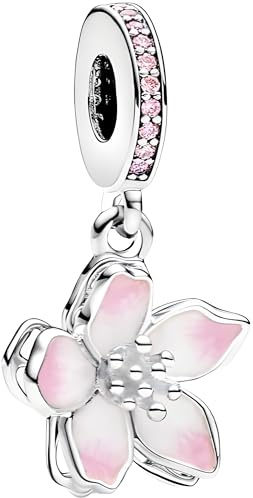 Breloque en argent 925 avec motif fleur de cerisier rose compatible avec les bracelets Pandora, Trollbeads, Chamilia, Biagi et beaucoup d'autres bracelets à breloques britanniques.