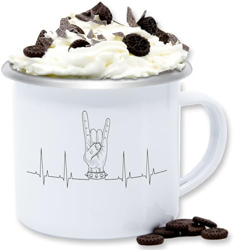 Emaille Tasse Blechtasse - & - Tassen - Heavy Metal Handzeichen Pommesgabel Herzschlag I Metal Head Geschenk Metalfan I Rockiges Geschenk Rock Fan I Rocker - 300 ml - Weiß Silber