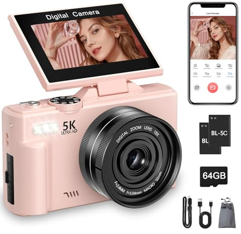 5K Digital Camera, 75MP WiFi Vlogging Camera with 180° Flip Screen, Autofocus, 18X Zoom, 64GB Card, 2 Batteries, Compact Point and Shoot Digital Cameras for Beginner Teens Student Kids Girls (Pink)