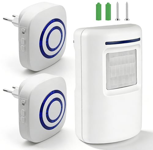 Detector de paso inalámbrico con detector de movimiento, 1 sensor de movimiento PIR y 2 receptores, alarma de paso por radio con 38 tonos de timbre, alarma para tienda, hogar, garaje, caravana (1-2)