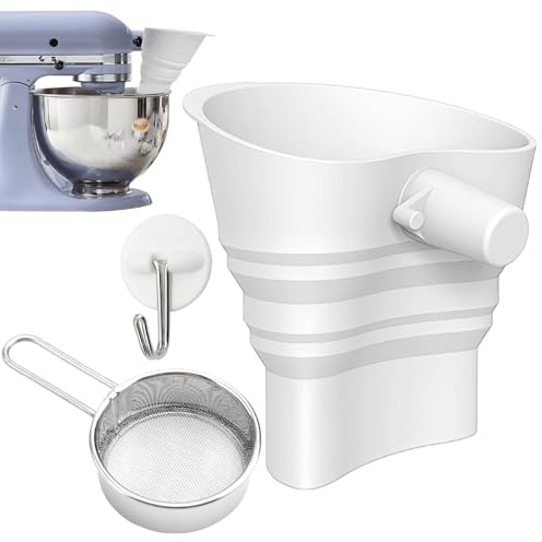 2026 Pro Flour Funnel for Kitchen Aid Mixer, Silicone Foldable Wide-Mouth Design Flour Funnel for Kitchenaid Mixer with Sieve and Hook, for 4.5-7 Quart KSM150, Dishwasher Safe Pouring Chute