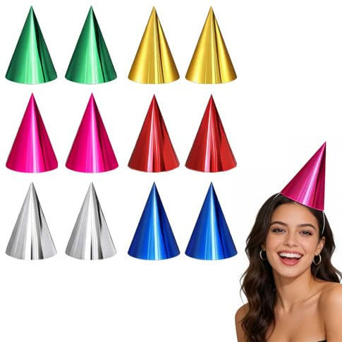 Hedayu 12PCS Party Hats, Birthday Hats for Adults, Party Hats for Kids, Metallic Foil Cone Hats, Multicolor Paper Party Hat, Fun Party Decorations for Boys Girls Celebration