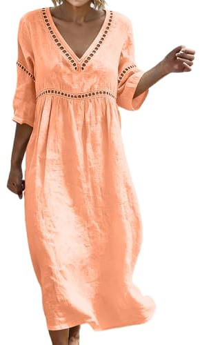 Generico Abito Lino Donna Abito Estivo a Maniche a 3/4 Boho Chic Abiti Vacanza Comodo Taglie Forti Vestito Lungo in Cotone Scollo a V Largo Vestiti da Spiaggia Tinta Unita Morbido e Traspiranti