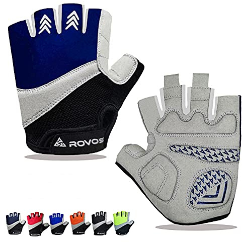 Rovos Cycling Gloves - Men & Women's Breathable Mountain & Road Biking Gloves with 5mm Padded Half Fingers (Navy Blue, Medium)