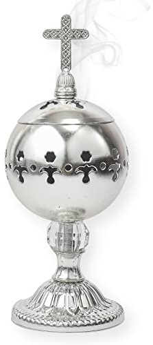 Nazareth Store Quemador de Incienso de latón Pulido de carbón, incensario de Plata e Iglesia Cristiana, Soporte de Incienso, Conos de Incienso, Cruz de 7.9 Pulgadas, Adorno de Fragancia de