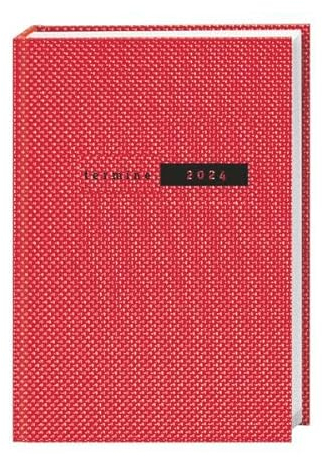 Roter Terminer A5. Schicker Terminkalender 2024 mit hochwertigem Struktureinband. Buch-Kalender mit Lesebändchen. Wochenplaner 2024 mit 152 Seiten. Taschenkalender zum Planen von Terminen.