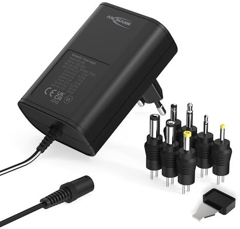 ANSMANN APS 1500 Universal Stecker Netzteil 12V inkl. 7 verschiedende Adapter Stecker - Netzstecker bis max. 1500mA - Netzadapter zur Stromversorgung vieler Elektrokleingeräte von 3-12 Volt regelbar