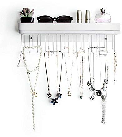 JackCubeDesign Hanging Jewellery Organiser Necklace Hanger Bracelet Holder Wall Mount Necklace Organiser with 25 Hooks(White/41.6 x 12.4 x 7.4 cm) - :MK124C