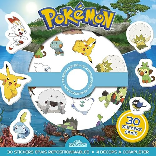 Pokémon - Pochette de stickers épais repositionnables - Défis et cherche-et-trouve à créer !: 30 stickers épais repositionnables, 4 décors à compléter