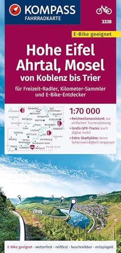 KOMPASS Fahrradkarte 3338 Hohe Eifel, Ahrtal, Mosel, von Koblenz bis Trier 1:70.000: reiß- und wetterfest mit Extra Stadtplänen