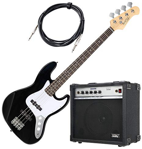 Rocktile Fatboy II BK E-Bass Black Verstärker Set - Jazz-Style E-Bass - 2 Single Coil Tonabnehmer - Mensur: 34 Longscale - Spar-Set inkl. Combo-Verstärker und Kabel - Schwarz