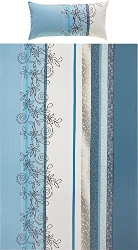 Erwin Müller Bettwäsche, Bettgarnitur Fein-Biber Blumen hellblau Größe 40x80 cm / 135x200 cm - hautsymphatisch, bügelleicht, mit Marken-Reißverschluss