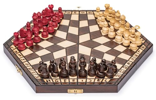 Husaria Holzschach für DREI Spieler – 32 Zentimeter – mit faltbarem Brett, handgefertigten Spielfiguren und filzgefütterter Aufbewahrung