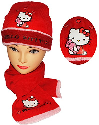 alles-meine.de GmbH 2 TLG. Set: Mütze + Schal - Hello Kitty - für Kinder - 2 bis 8 Jahre - Mädchen - Schalset/Winterset - Strickmütze - Beanie - Katze - rot mit Herzen - St..