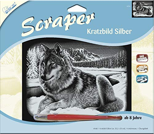 MAMMUT 137011 - Kratzbild, Motiv Wolf, silber, glänzend, quer, Komplettset mit Kratzmesser und Übungsblatt, Scraper, Scratch, Kritzel, Kratzset für Kinder ab 8 Jahre
