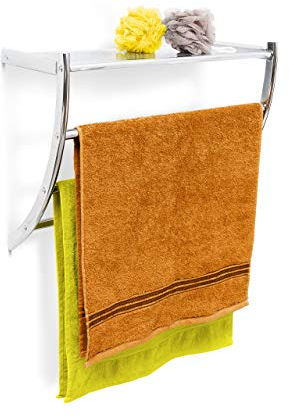 Relaxdays Wandhandtuchhalter Chrom HxBxT: ca. 43 x 56 x 23 cm Handtuchhalter zur Wandmontage mit 3 Handtuchstangen und Ablagefläche als Badregal oder kleine Wandgarderobe aus verchromtem Stahl, silber