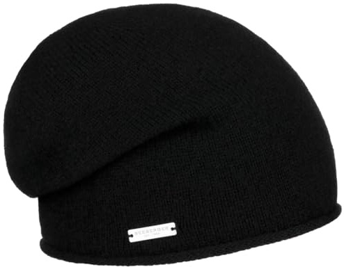 Seeberger Kashmir beanie med rullad kant kashmirmössa stickad mössa vintermössa sjöberger lång beanie stickad mössa beanie oversize, Svart (10),