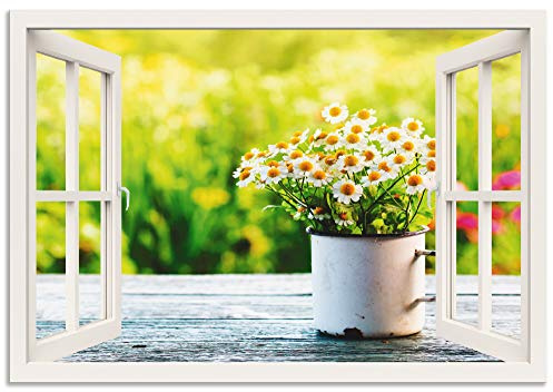 ARTland Wanddeko Wandbild Alu für Innen & Outdoor Metall Bild Fensterblick Fenster Botanik Blumen Gänseblümchen Garten Frühling T4UG