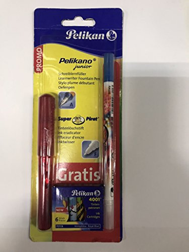Pelikan 903609 - Schulfüller Pelikano Junior P67A mit 1 Tintenlöscher in F mit 6 Tintenpatronen, in rot oder blau erhältlich