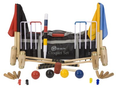 Übergames Hochwertiges ECO-Hartholz Junior Excecutive Krocket Set mit 4 Schlägern aus engl. Esche und 4 Holzbällen, mit Nylontasche