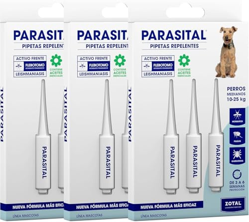 Zotal Parasital Pipetas Antiparasitarias para Perros Medianos (10-25 kg) Pack 3 Blíster de 3 Pipetas (9 en total) - Protección contra Pulgas, Garrapatas y Mosquitos - Repelente Natural hasta 6 Semanas