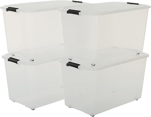 Iris Ohyama, Scatola portaoggetti in plastica, Scatola portaoggetti per ufficio 70L, Lotto di 4, TBR-70, Trasparente, Impilabile, Clip di chiusura - L68 x P39 x A38 cm