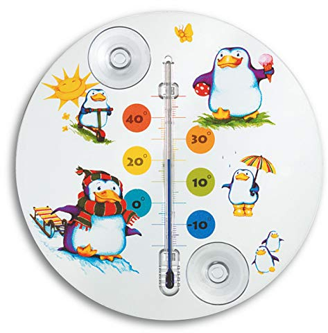 TFA Dostmann Pinguin Analoges Fensterthermometer, 14.6016.02, ideal fürs Kinderzimmer, leichte Montage mit Saugnäpfen