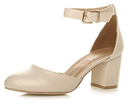 Damer mitten blockklack ankelrem spänne eleganta pumps sandaler storlek, Beige matt, 39 EU