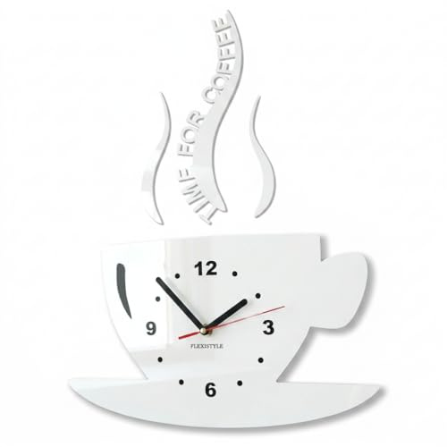 FLEXISTYLE Orologio da Parete da Cucina Tazza LA TAZZINA Bianca Silenzioso Moderno per Bar 3 d Decorativo