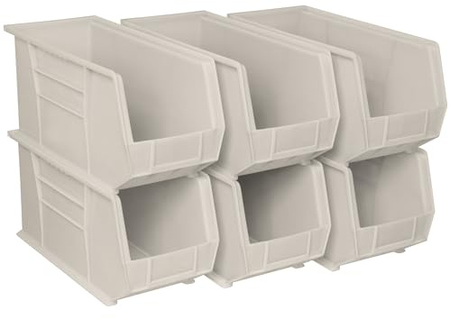Akro-Mils 30265 AkroBins Plastic Storage Bins, Space-Saving Stackable Bins for Garage, Pantry, Craft Organization, 18-Inch x 8.25-Inch x 9-Inch, Stone, 6-Pack