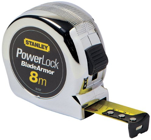 Stanley Bandmaß Micro Powerlock, 8m Länge, Feststeller, Rücklauf, Gürtelclip, verchromt, Mylar-Schutzschicht, 0-33-527