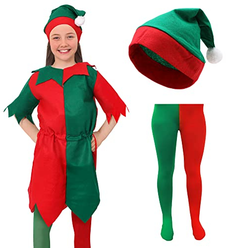 Girls Elf Costume Christmas Fancy Dress - Medium - Red/Green Tunic + Elf Hat With Pom Pom - Cheeky Christmas Elf Santa's Grotto