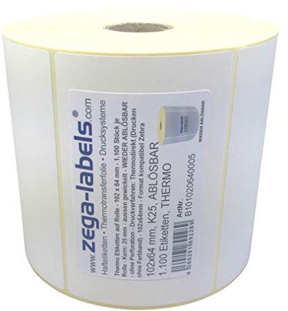 Thermo Etiketten auf Rolle - 102 x 64 mm - 1.100 Stück je Rolle - Kern: 25 mm - aussen gewickelt - WIEDER ABLÖSBAR - Druckverfahren: Thermodirekt (Drucken ohne Farbband)