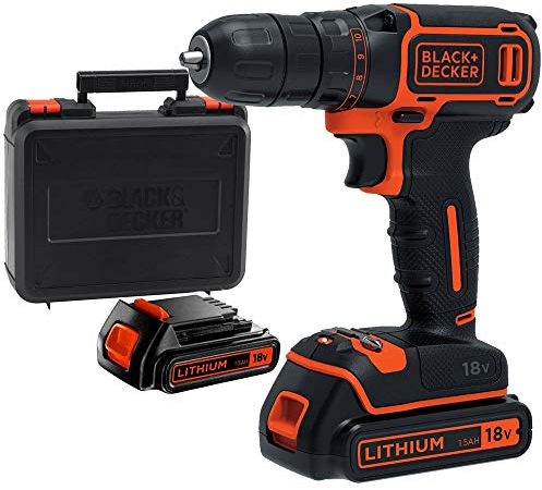 Black+Decker Akku-Bohrschrauber (mit Planetengetriebe, 18V 1,5Ah, inklusive 2 Akkus und Ladegerät im Koffer, 1 Doppelbit, Anti-Rutsch-Softgriff, LED-Arbeitslicht) BDCDC18KB
