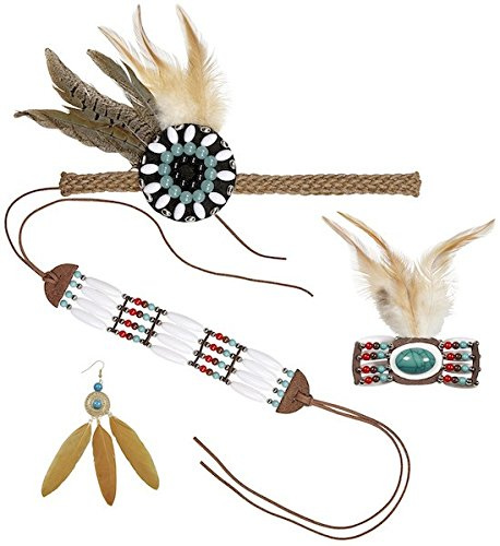 shoperama Stirnband, Armband, Ohrringe, Halsschmuck mit Federn und Perlen für Indianerin-Kostüm
