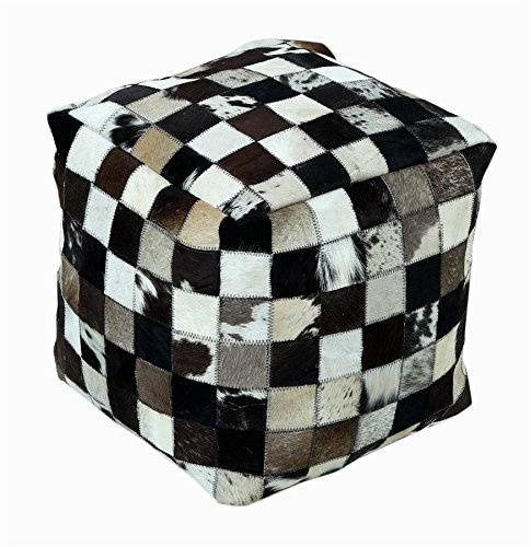 Homescapes Leder Sitzwürfel 35x35 cm, Patchwork Pouf kariert, Würfel-Hocker braun-Creme-beige aus echtem Fell, Sitzsack Hocker Unikat