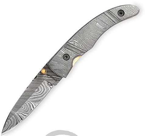 Perkin Damaststahl Taschenmesser - Damast Klappmesser mit Ledertasche