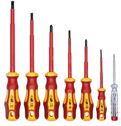 Juego de 7 destornilladores aislados y buscapolos de WIESEMANN 1893 I Aprobado por la VDE | Destronilladores para electricistas I Planos y PH I 80218